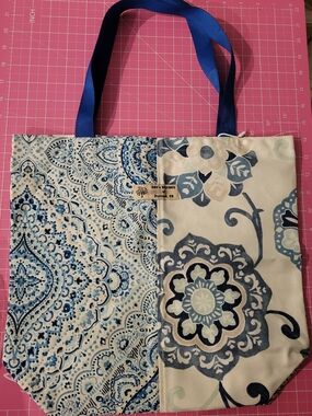 TWO Blue Floral Patchwork Tote Bags with Navy Handles